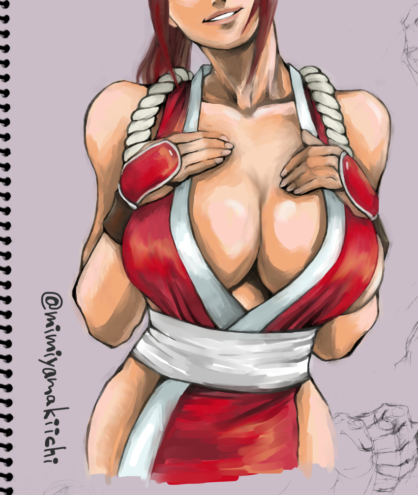 1girl breasts brown_hair cleavage fatal_fury fingerless_gloves gloves hands_on_own_chest head_out_of_frame highres japanese_clothes large_breasts legs long_hair mimiyama_kiichi no_bra parted_lips pink_lips ponytail seductive_smile shiranui_mai sideboob smile snk solo the_king_of_fighters thighs traditional_media