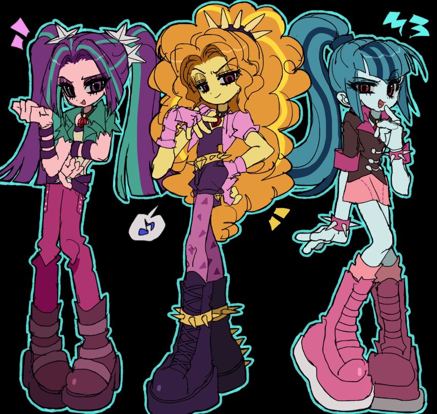 3girls adagio_dazzle aria_blaze black_background blue_hair blue_skin boots bracelet colored_skin curly_hair gloves highres jacket jewelry jwnn looking_at_viewer multicolored_hair multiple_girls my_little_pony my_little_pony:_equestria_girls my_little_pony:_friendship_is_magic necklace orange_hair orange_skin pants pantyhose pink_eyes pink_footwear pink_gloves pink_jacket pink_pants pink_pantyhose pink_skin pink_skirt ponytail purple_eyes purple_footwear purple_hair purple_shirt purple_shorts red_eyes shirt short_sleeves shorts simple_background skirt smile sonata_dusk spiked_boots spiked_bracelet spikes streaked_hair twintails