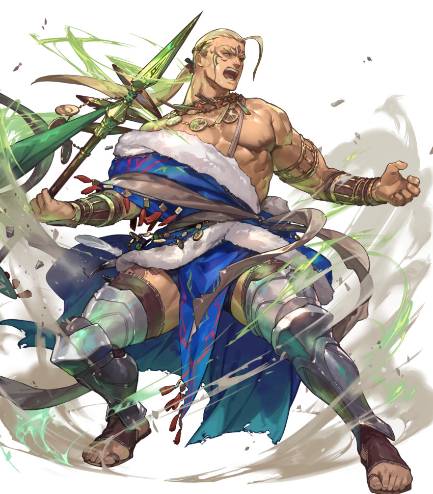 1boy armlet bare_pectorals blonde_hair dark-skinned_male dark_skin debris facial_tattoo fighting_stance fire_emblem fire_emblem:_the_binding_blade fire_emblem_heroes full_body fur_trim gold_necklace hawkeye_(fire_emblem) highres holding holding_polearm holding_weapon jewelry lance large_pectorals leg_armor long_hair male_focus muscular muscular_male necklace nintendo nipples non-web_source official_art open_mouth pectorals polearm ponytail sandals so-taro tattoo thick_thighs thighs toes transparent_background weapon