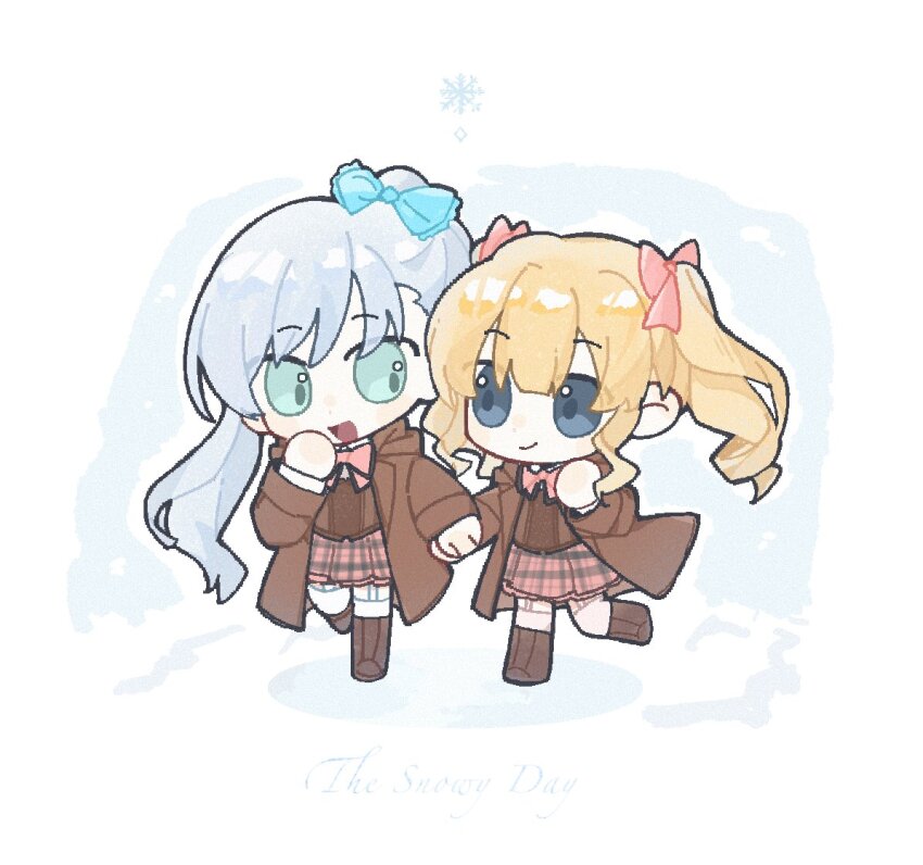 2girls :d aqua_eyes assault_lily blonde_hair blue_bow blue_eyes blunt_bangs boots bow brown_coat brown_footwear brown_skirt chibi closed_mouth coat commentary corset eye_contact full_body garter_straps grey_background grey_hair hair_bow hands_up high_ponytail holding_hands hood hood_down hooded_coat houjou_monica_asahi knee_boots leg_up long_hair long_sleeves looking_at_another looking_to_the_side ludvico_private_girls&#039;_academy_school_uniform medium_hair miniskirt multiple_girls narumi_clara_yuuko open_clothes open_coat open_mouth pink_bow plaid_clothes plaid_skirt school_uniform side-by-side side_ponytail sidelocks sideways_glance skirt smile snowflakes symbol-only_commentary thighhighs twintails two-tone_background very_long_hair walking white_background white_thighhighs xizhou_meng_ling