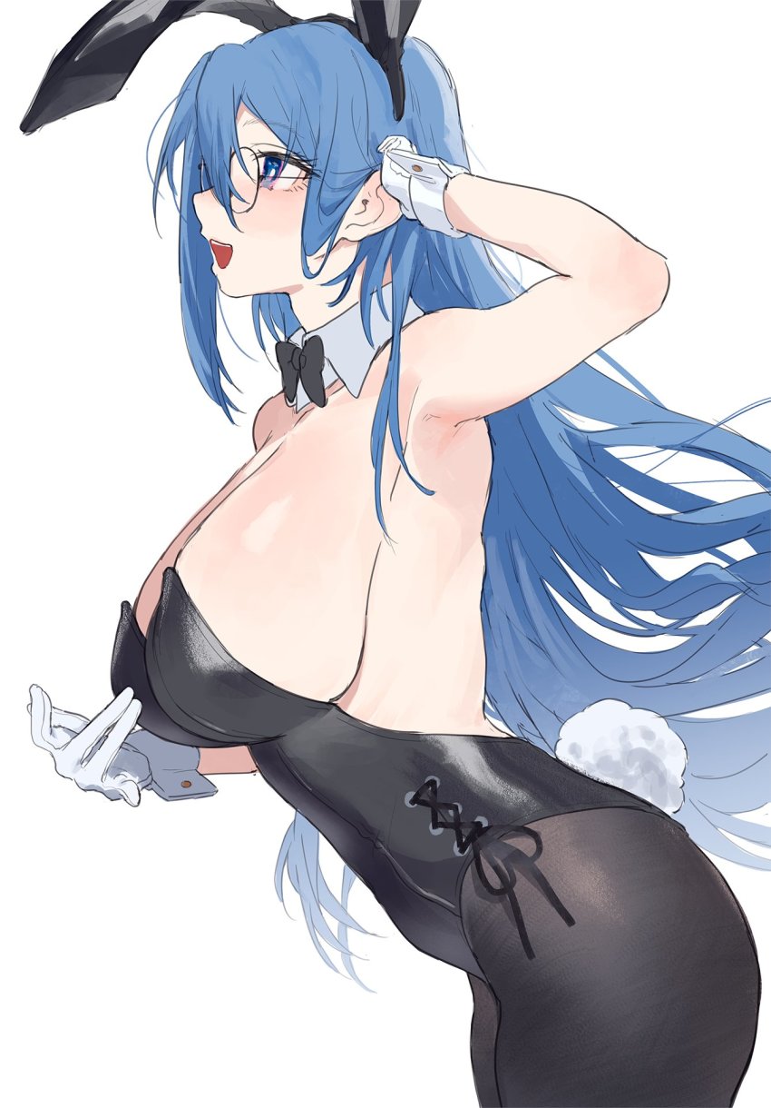 1girl animal_ears aochoku armpits black_bow black_bowtie black_leotard black_pantyhose blue_eyes blue_hair bow bowtie breasts cleavage detached_collar fake_animal_ears fake_tail from_side glasses gloves hand_in_own_hair highres large_breasts leotard long_hair open_mouth original pantyhose playboy_bunny rabbit_ears rabbit_tail round_eyewear sideboob sideways_mouth simple_background smile solo tail white_background white_gloves wrist_cuffs