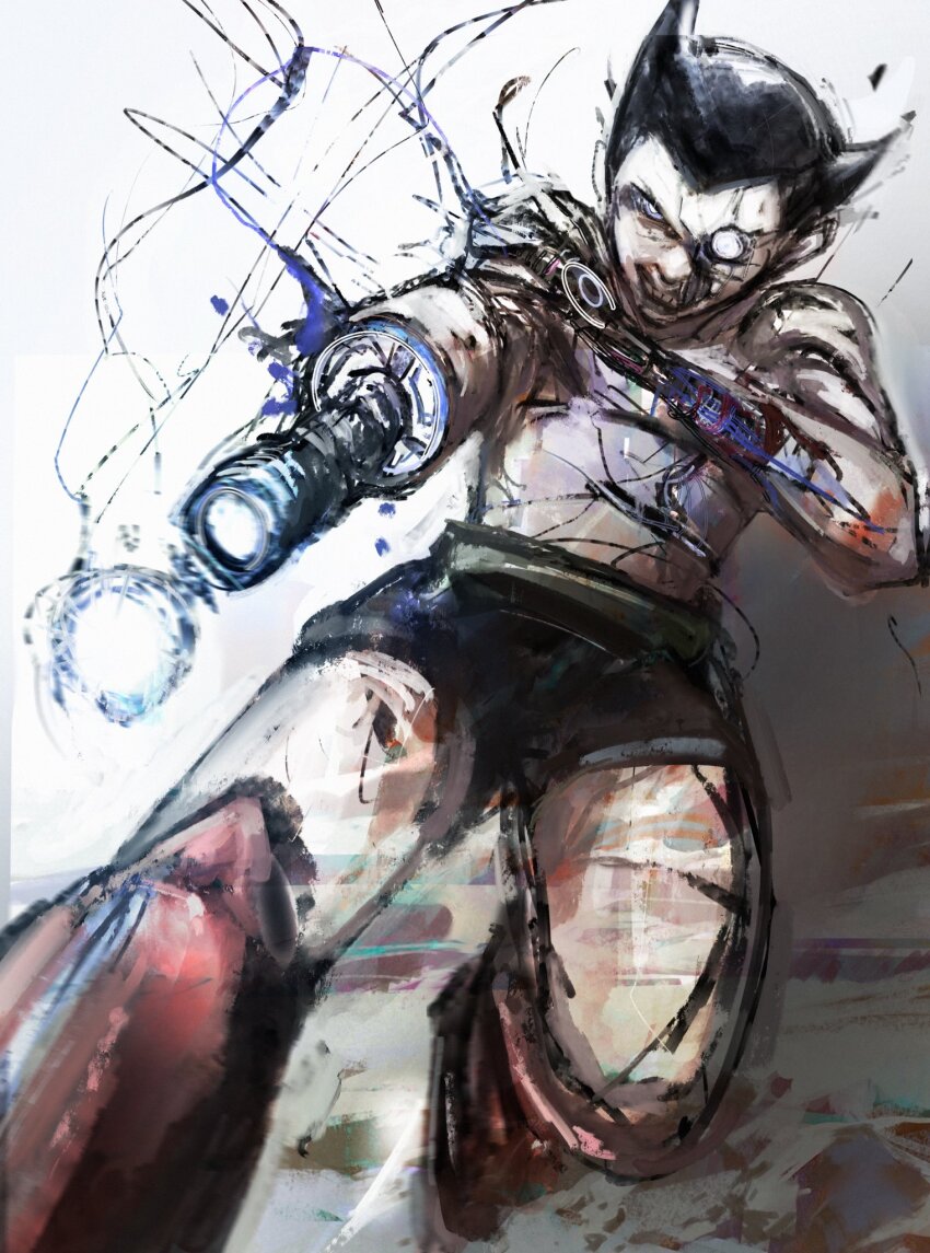 1boy aiming aiming_at_viewer android arm_cannon atom_(tetsuwan_atom) battle_damage black_hair boots boxers damaged energy_ball exposed_internal_machinery full_body hand_on_own_arm highres knee_boots kyezzzz looking_at_viewer male_focus male_underwear powering_up red_footwear robot short_hair solo tetsuwan_atom topless_male underwear v-shaped_eyes weapon