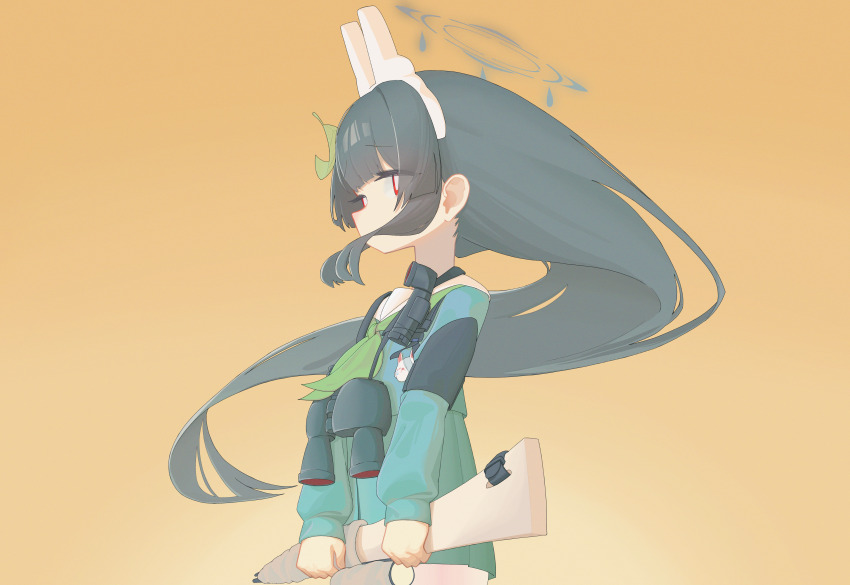 1girl absurdres animal_ears binoculars black_hair blue_archive blue_serafuku blue_skirt bright_pupils dorusan_02 fake_animal_ears gradient_background green_neckerchief grey_halo gun halo highres holding holding_gun holding_weapon leaf leaf_on_head long_hair miyu_(blue_archive) neckerchief orange_background pantyhose rabbit_ears red_eyes rifle school_uniform serafuku skirt solo weapon white_pantyhose white_pupils