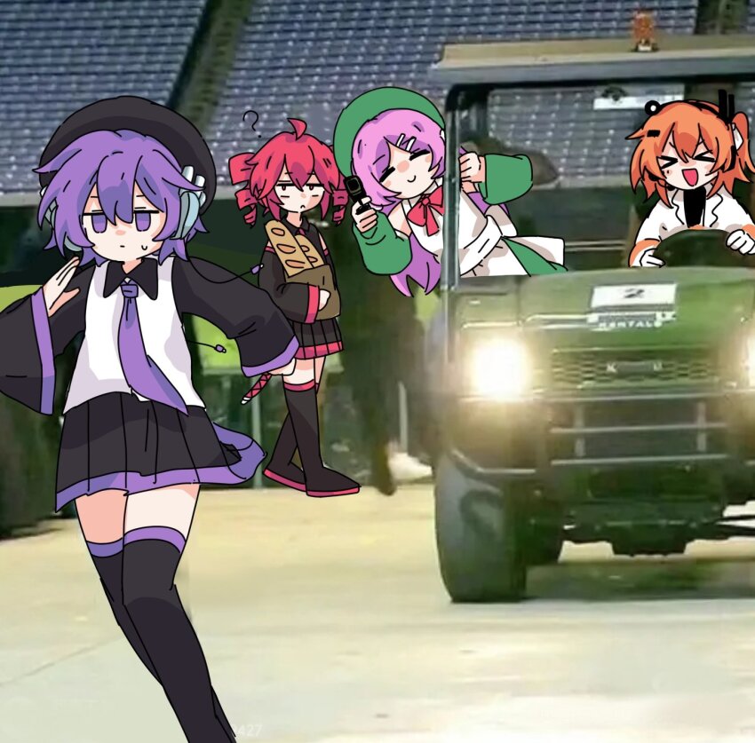 4girls a.i._voice adachi_rei apron black_shirt daofeng_(daofeng3330) driving false_smile golf_cart gun highres holding holding_weapon jacket kasane_teto long_sleeves meme momone_momo motor_vehicle multiple_girls necktie orange_hair pink_hair purple_hair red_eyes red_hair running shirt smile utane_uta utau vest weapon white_jacket white_vest