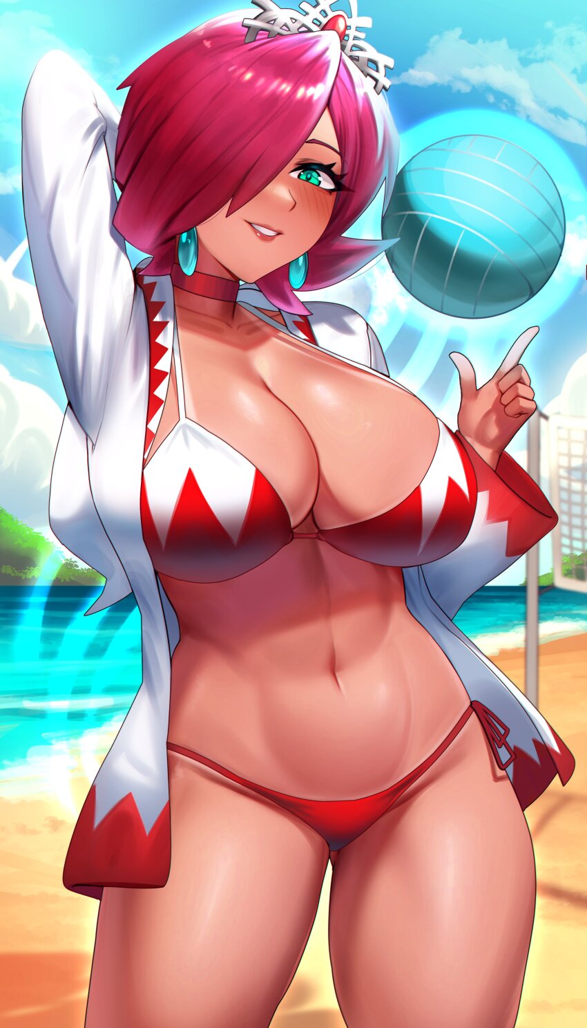 1girl absurdres ball beach bikini breasts choker cleavage crown earrings final_fantasy gluteal_fold hair_over_one_eye highres hood jewelry koarujpg large_breasts long_sleeves mario_(series) mario_sports_mix navel nintendo ocean outdoors pink_hair red_bikini robe sand short_hair smile solo stomach swimsuit tan thighs toned toned_female volleyball volleyball_(object) white_mage_(final_fantasy)