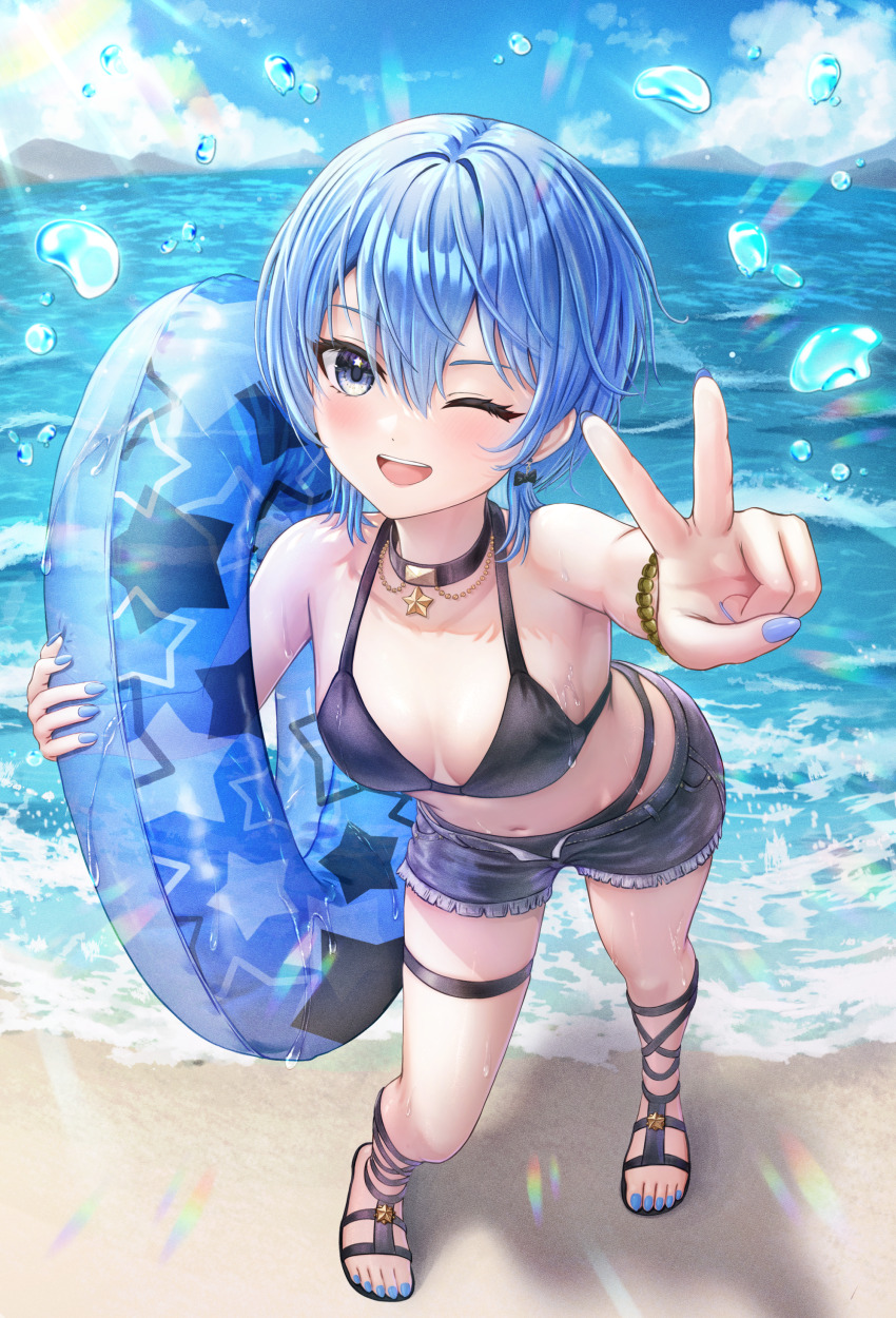 1girl absurdres beach bikini black_bikini black_choker black_footwear blue_eyes blue_hair blue_nails blue_shorts blush bow bow_earrings breasts choker commentary_request denim denim_shorts earrings feet full_body gladiator_sandals hair_between_eyes highres holding holding_swim_ring hololive hoshimachi_suisei innertube jewelry legs medium_hair nail_polish navel ocean one_eye_closed open_mouth sandals short_shorts shorts skindentation small_breasts smile solo standing star_(symbol) star_in_eye stomach swim_ring swimsuit symbol_in_eye teeth thigh_strap toenail_polish toenails toes upper_teeth_only v variant_set virtual_youtuber wajuniorbox water_drop wet