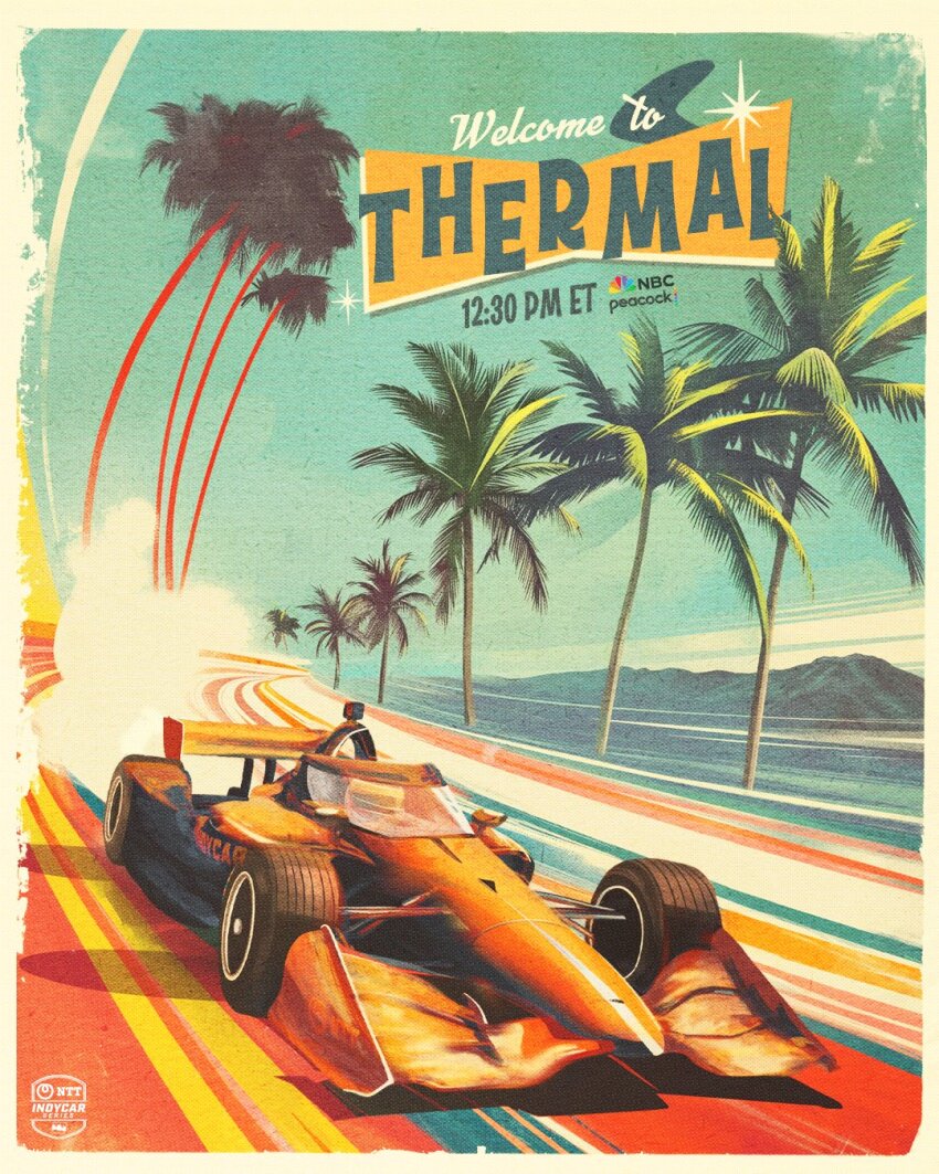 1boy car commentary dallara_dw12 english_commentary formula_racer grace_keller helmet highres indycar_series logo motor_vehicle mountain nbc official_art palm_tree promotional_art race_vehicle racecar sparkle tree vehicle_focus