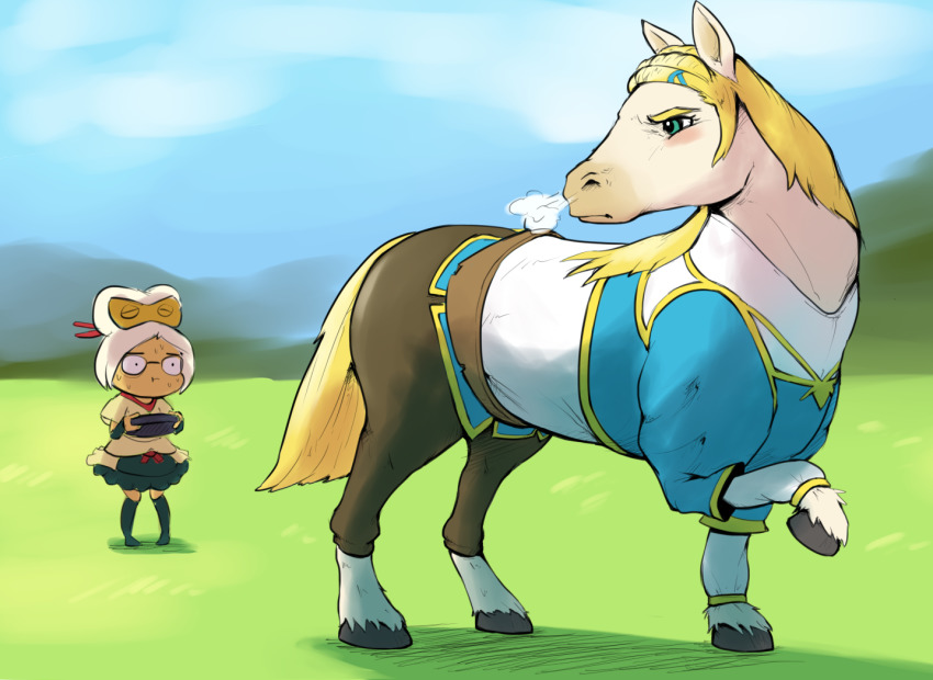 1girl animal animalization annoyed clothed_animal green_eyes horse implied_transformation mane nervous nintendo outdoors princess_zelda purah purah_(young) standing subakitsu the_legend_of_zelda the_legend_of_zelda:_breath_of_the_wild what