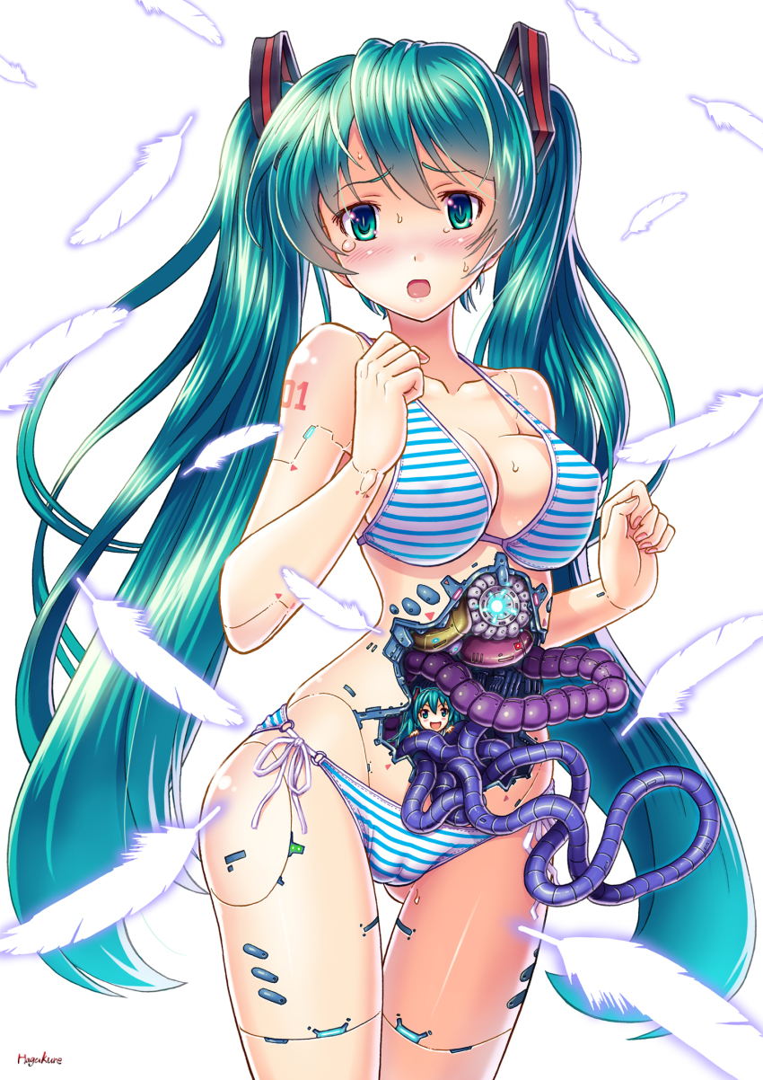 1girl android aqua_eyes aqua_hair bare_shoulders bikini blush breasts cameltoe cleavage covered_erect_nipples disembowelment feathers female_focus green_eyes green_hair hatsune_miku highres long_hair looking_at_viewer matching_hair/eyes mini_person minigirl number10_(hagakure) open_mouth side-tie_bikini_bottom solo strap_gap striped_bikini striped_clothes sweat swimsuit thigh_gap twintails very_long_hair vocaloid white_background