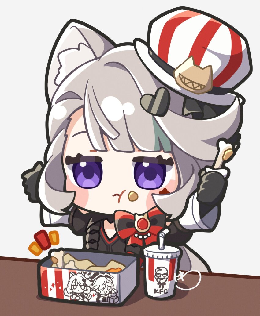 1girl animal_ears black_gloves bow cat_ears cat_girl chibi closed_mouth cup disposable_cup drinking_straw expressionless food food_on_face genshin_impact gloves hands_up hat highres kfc light_brown_hair long_sleeves looking_ahead lynette_(genshin_impact) lynette_(kfc)_(genshin_impact) niwa_2810 official_alternate_costume pout purple_eyes red_bow simple_background solo white_background white_hat