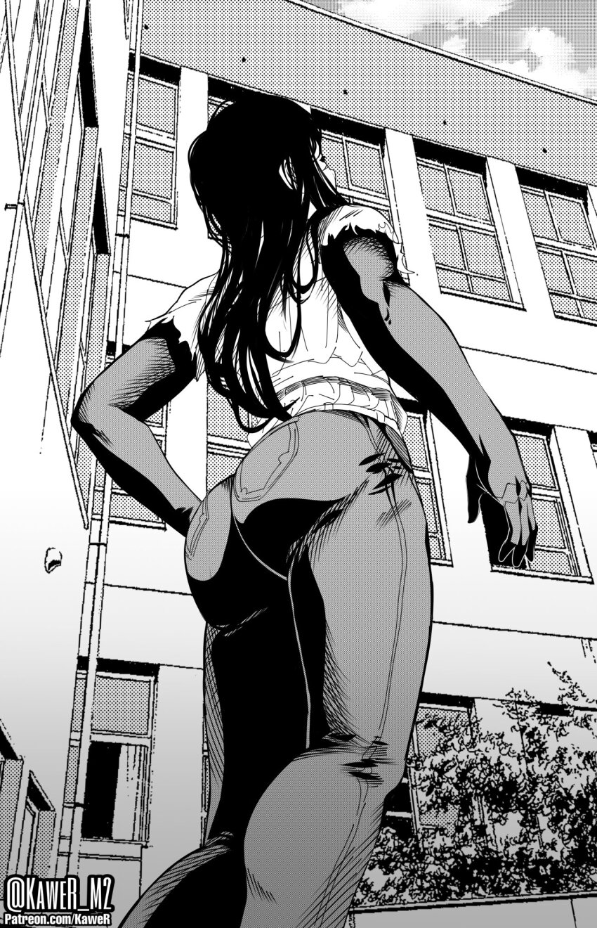 1girl artist_name ass ass_focus black_hair black_pants building chainsaw_man cloud cloudy_sky female_focus highres huge_ass kawer kawer_m2 monochrome pants patreon_username shirt sky solo twitter_username white_shirt yoru_(chainsaw_man)