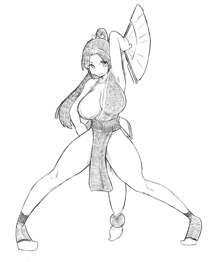 1girl arm_behind_back arm_behind_head armpits bare_shoulders breasts collarbone fatal_fury japanese_clothes large_breasts legs long_hair monochrome no_bra ponytail shiranui_mai sideboob smile snk solo the_king_of_fighters thighs traditional_media