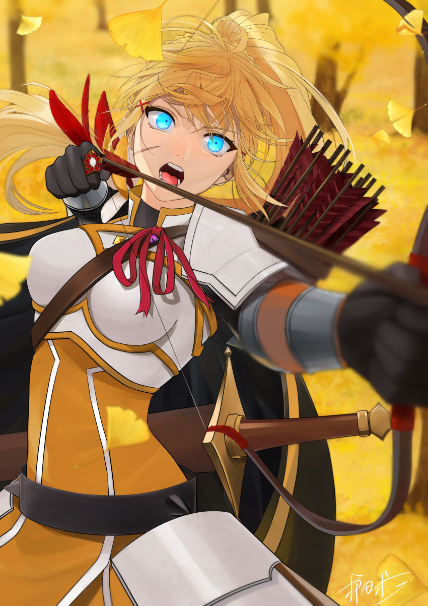 1girl absurdres armor arrow_(projectile) autumn_leaves black_gloves blonde_hair blue_eyes bow_(weapon) commentary_request commission darkness_(konosuba) facial_scar falling_leaves faulds firing gloves hair_ornament highres kono_subarashii_sekai_ni_shukufuku_wo! leaf long_hair open_mouth oshida_bob ponytail quiver scar scar_on_cheek scar_on_face sheath sheathed skeb_commission strap sword tree weapon x_hair_ornament