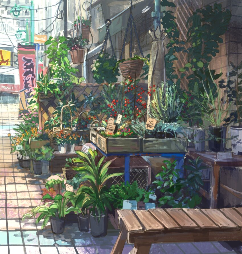 absurdres aloe_(plant) apartment building day display fern flower hanging_plant highres no_humans original painting_(medium) path road sanegesan scenery shadow street sunlight table tile_floor tiles traditional_media wooden_table