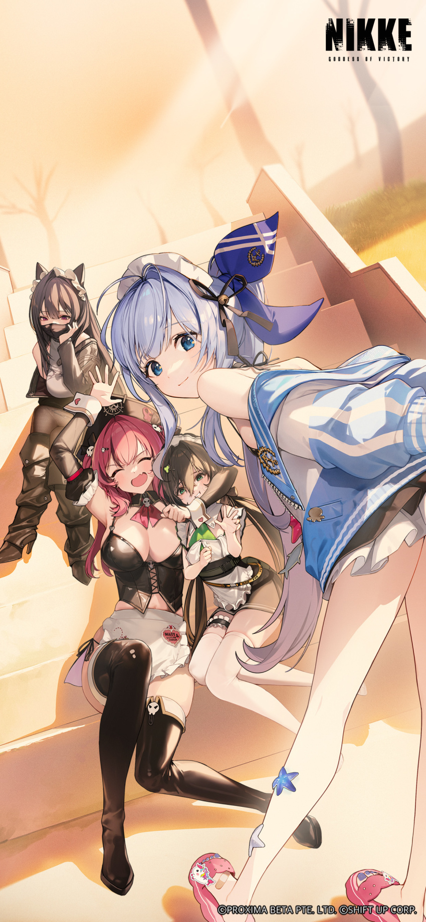 4girls absurdres ahoge anchor_(innocent_maid)_(nikke) anchor_(nikke) animal_ears bikini black_hair black_hat blue_eyes blue_hair blue_jacket cat_ears commentary cropped detached_sleeves english_commentary goddess_of_victory:_nikke green_eyes grey_eyes hat highres jacket long_hair long_sleeves looking_at_viewer maid maid_headdress mask mast_(nikke) mast_(romantic_maid)_(nikke) mouth_mask multiple_girls off_shoulder official_alternate_costume official_art open_mouth pink_hair pirate_hat purple_eyes purple_hair sin_(backstreet_dream)_(nikke) sin_(nikke) sitting smile swimsuit thigh_strap thighhighs trony_(nikke) trony_(sweet_step)_(nikke)