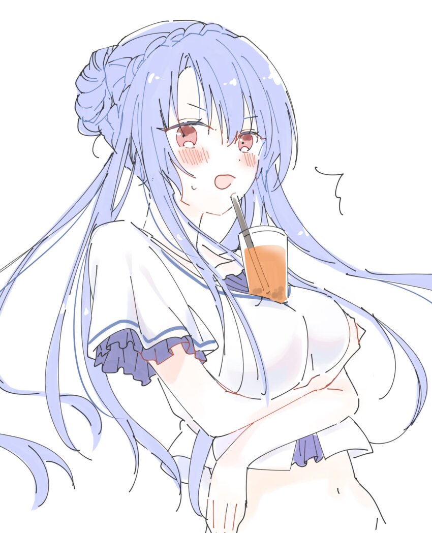 1girl ^^^ arm_under_breasts blue_hair blush braid braided_bun breasts bubble_tea_challenge caught commentary cropped_shirt crossed_arms crown_braid drinking_straw floating_hair frilled_sleeves frills hair_between_eyes hair_bun highres large_breasts long_hair looking_at_viewer open_mouth red_eyes shirt short_sleeves simple_background sketch solo sorakado_ao summer_pockets surprised sweatdrop upper_body very_long_hair white_background white_shirt yutori_z71