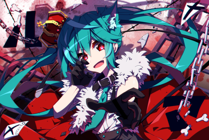 1girl animal_ears aosaki_yato aqua_hair belt_collar black_gloves bone broken_bone cat_ears chain collar commentary crown debris fur-trimmed_jacket fur_trim gloves hatsune_miku highres jacket long_hair looking_at_viewer necktie outstretched_arm paper reaching reaching_towards_viewer red_background red_eyes sleeveless sleeveless_jacket solo song_name twintails very_long_hair vocaloid x