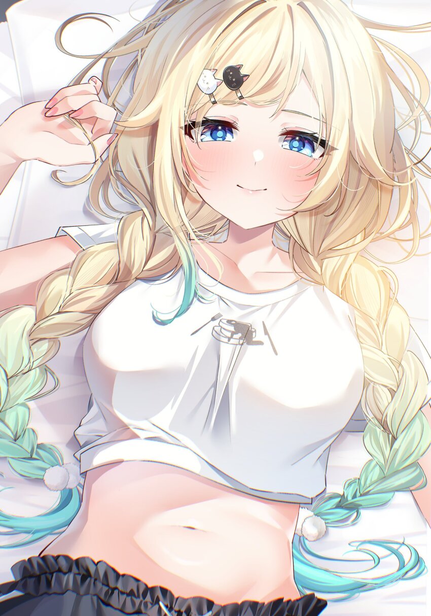 1girl aizawa_ema aizawa_ema_(4th_costume) black_pants blonde_hair blue_eyes blush braid cat_hair_ornament collarbone crop_top gradient_hair hair_ornament hairclip highres light_smile long_hair looking_at_viewer lying midriff multicolored_hair navel neko_neneko on_back on_bed pants pink_nails pom_pom_(clothes) pom_pom_hair_ornament shirt solo t-shirt twin_braids upper_body virtual_youtuber vspo! white_shirt