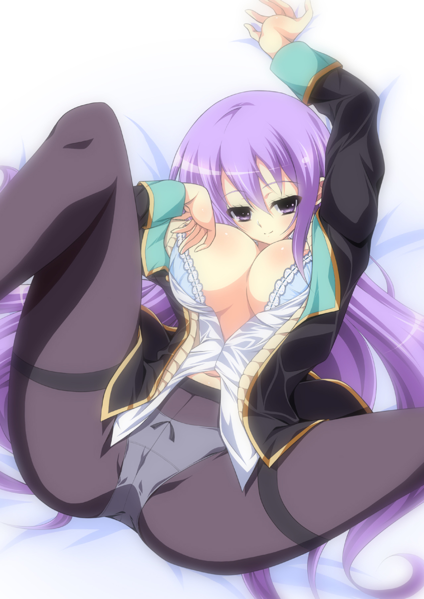 10s 1girl areola_slip black_pantyhose blue_bra bra breasts cleavage crotch_seam female_focus gj-bu highres ka2 long_hair long_sleeves lying open_bra open_clothes open_shirt panties panties_under_pantyhose pantyhose purple_eyes purple_hair shirt solo spread_legs sumeragi_shion thighband_pantyhose underwear white_panties