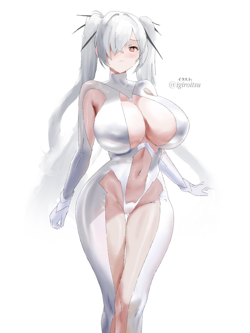 1girl absurdres armpit_cutout bodysuit cinderella_(nikke) cleavage_cutout clothing_cutout goddess_of_victory:_nikke hair_over_one_eye highres horns igiroitsu leg_cutout mechanical_horns navel navel_cutout one_eye_covered red_eyes solo stomach_cutout twitter_username white_bodysuit white_hair