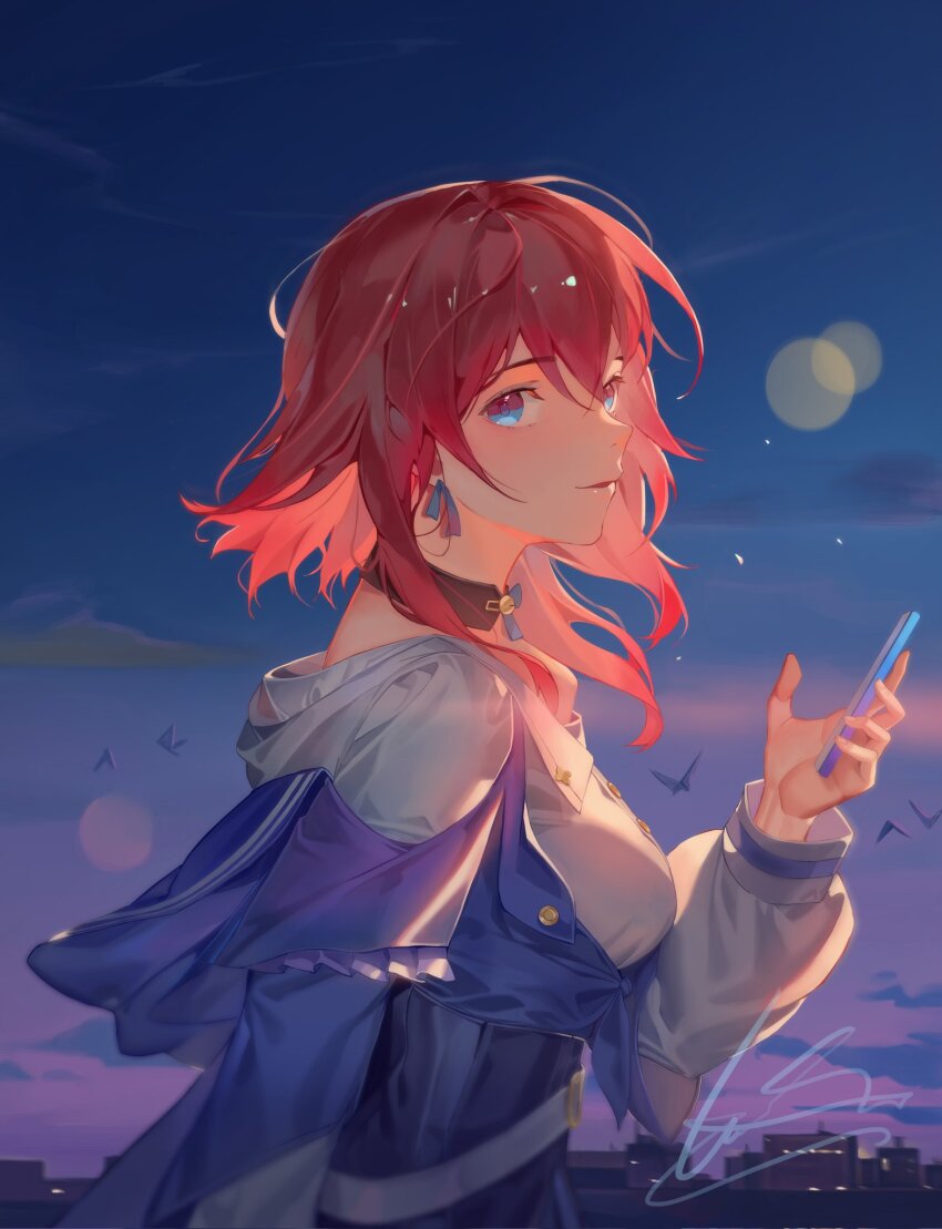 1girl bird black_choker blue_eyes blue_jacket blue_skirt blue_sky breasts building buttons cellphone choker city cloud cloudy_sky collared_shirt evening from_side genki_(obsession) gradient_sky hair_between_eyes hand_up high-waist_skirt highres holding holding_phone honkai:_star_rail honkai_(series) jacket long_sleeves march_7th_(honkai:_star_rail) march_7th_(preservation)_(honkai:_star_rail) medium_breasts multicolored_eyes open_clothes open_jacket open_mouth outdoors phone pink_hair puffy_long_sleeves puffy_sleeves purple_eyes purple_sky shirt short_hair sidelocks skirt sky smartphone smile solo standing tied_jacket white_shirt