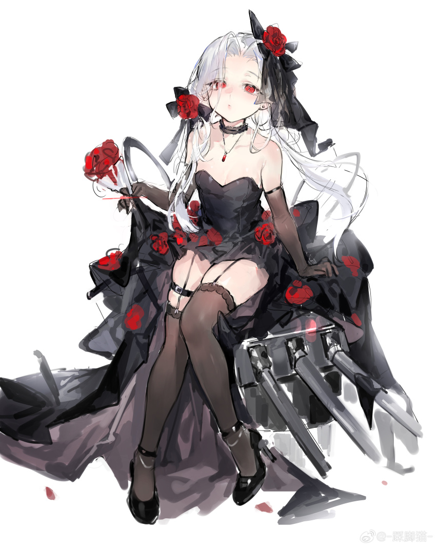 1girl absurdres alternate_costume bare_shoulders black_choker black_dress black_footwear black_gloves black_thighhighs breasts choker dress elbow_gloves flower full_body garter_straps gloves hair_flower hair_ornament hair_ribbon high_heels highres jewelry long_hair looking_at_viewer necklace official_alternate_hairstyle red_eyes red_flower red_rose ribbon rose simple_background sitting small_breasts solo strapless strapless_dress thighhighs twintails vittorio_veneto_(warship_girls_r) warship_girls_r weibo_logo weibo_watermark white_background white_hair xiangchizhubijin