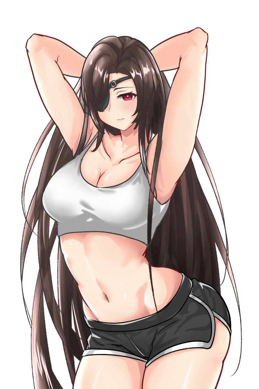 1girl absurdres armpits arms_behind_head ass black_shorts breasts brown_hair closed_mouth collarbone counter:side cowboy_shot eyepatch forehead hair_over_one_eye hair_over_shoulder highres korean_commentary lee_sooyeon long_hair medium_breasts navel red_eyes royalmonkey shiny_skin shorts simple_background solo tank_top thighs white_background