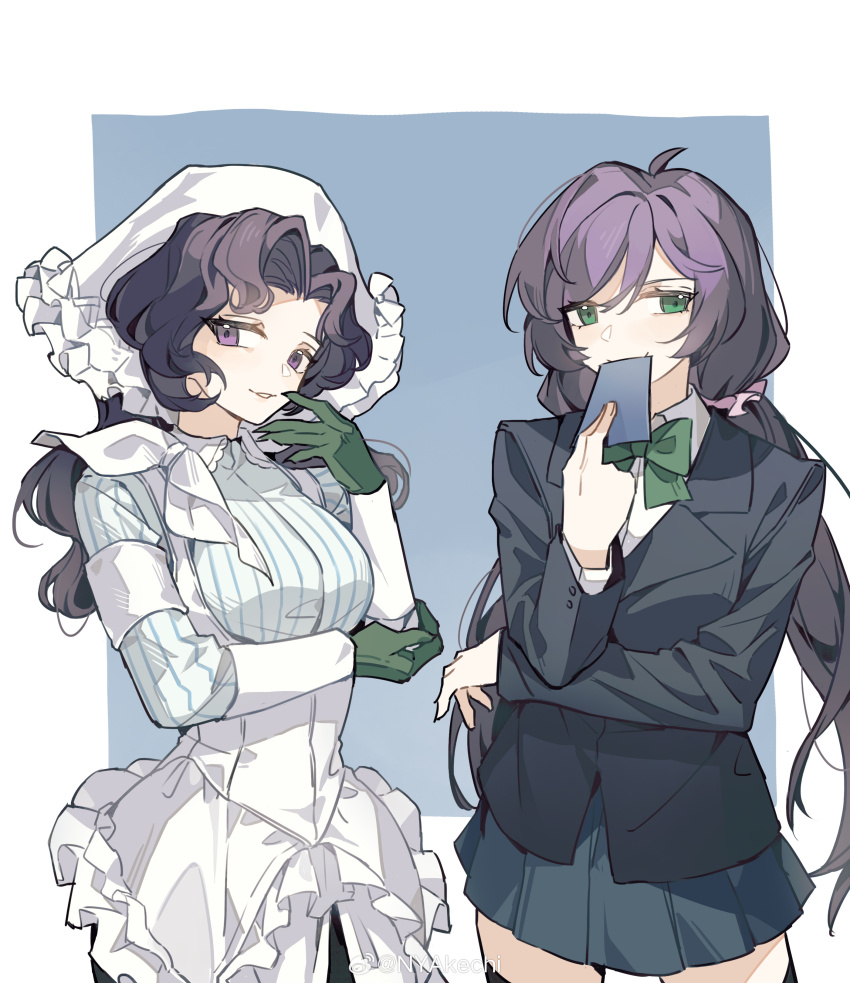 2girls absurdres akechi_(826988799) anjo_nala arm_under_breasts armband black_hair black_jacket black_skirt black_thighhighs blazer blue_background border bow bowtie card coif collared_shirt corset covering_own_mouth cowboy_shot elbow_on_arm gloves green_bow green_bowtie green_eyes green_gloves hand_on_own_elbow hand_to_own_mouth hand_up hat highres holding holding_card jacket long_hair long_sleeves looking_at_viewer love_live! love_live!_school_idol_project low_twintails miniskirt multiple_girls outside_border parted_lips pleated_skirt purple_eyes purple_hair reverse:1999 school_uniform shirt skirt smile thighhighs tojo_nozomi twintails very_long_hair weibo_logo weibo_watermark white_border white_corset white_hat white_shirt zettai_ryouiki