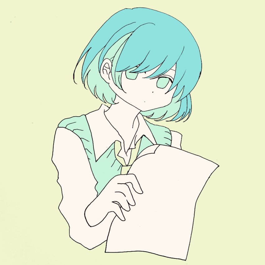 1girl aqua_hair awaya_yawako blue_hair closed_mouth commentary_request dot_mouth dot_nose green_background highres holding holding_paper long_sleeves looking_at_viewer multicolored_hair muted_color original paper simple_background solo swept_bangs two-tone_hair upper_body wing_collar