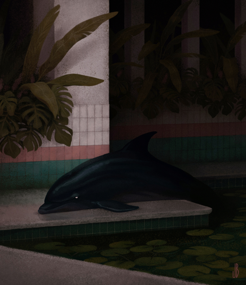 abandoned animal animal_focus artist_logo black_skin colored_skin commentary dappermouth dim_lighting dolphin english_commentary film_grain highres horror_(theme) indoors lily_pad logo lying monstera_deliciosa no_humans on_floor original overgrown plant pool poolside solid_eyes tile_wall tiles water wet_floor white_eyes