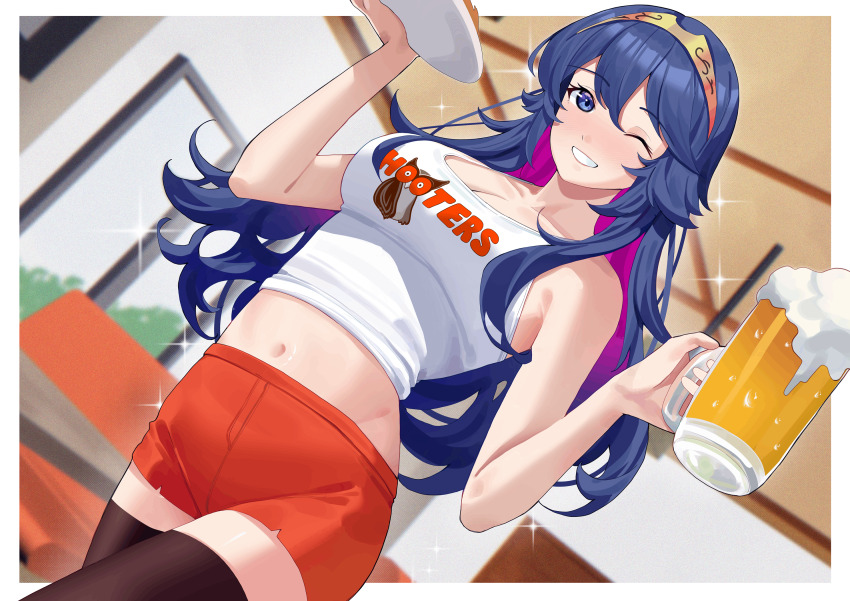 1girl alcohol alternate_costume bare_shoulders beer beer_mug blue_eyes blue_hair blush brand_of_the_exalt breasts cleavage cup dolphin_shorts employee_uniform fire_emblem fire_emblem_awakening food groin haerge hair_between_eyes highres holding hooters indoors long_hair looking_at_viewer lucina_(fire_emblem) medium_breasts mug multicolored_hair navel nintendo one_eye_closed orange_shorts print_tank_top short_shorts shorts smile solo sparkle tank_top thighhighs tiara two-tone_hair waitress zettai_ryouiki