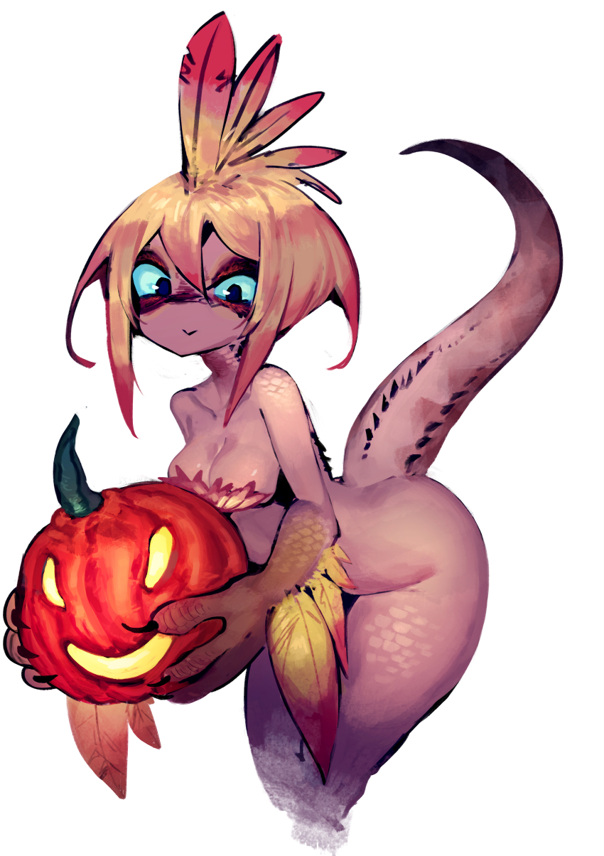 1girl :&gt; absurdres black_eyes blonde_hair blue_sclera breasts claws cleavage colored_sclera covered_erect_nipples cropped_legs feathers highres horns jack-o&#039;-lantern kulu-ya-ku leaning_forward medium_breasts monster_girl monster_hunter_(series) personification pumpkin scales short_hair single_horn sora_sakura spikes tail thick_thighs thighs