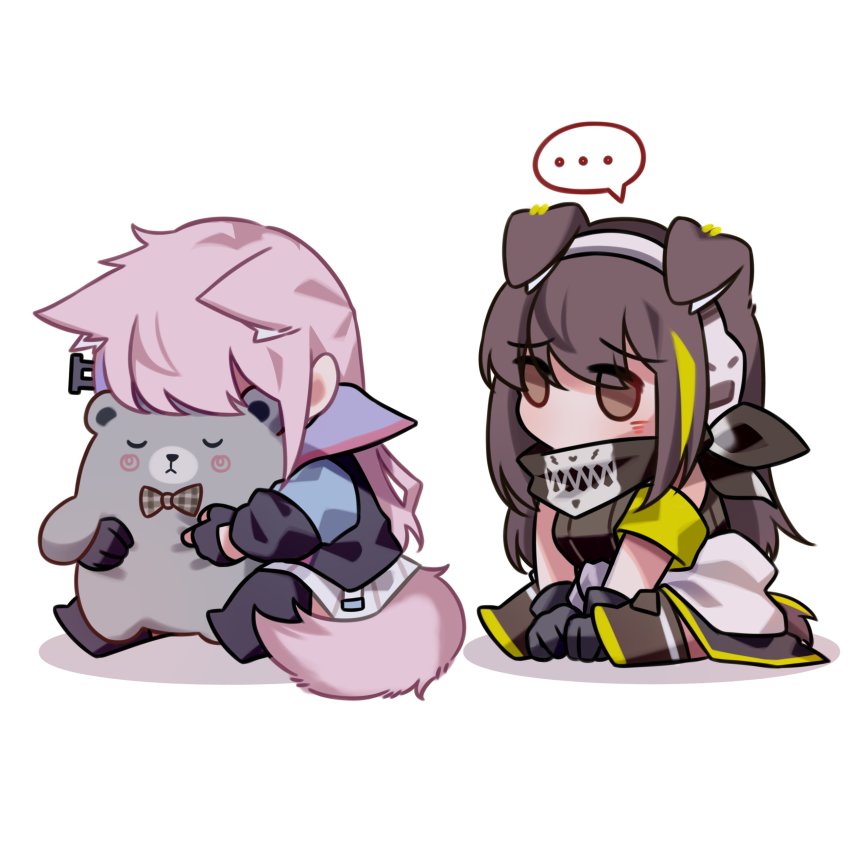 ... 2girls absurdres animal_ears armband black_gloves brown_eyes brown_hair chibi dog_ears dog_girl dog_tail girls&#039;_frontline gloves green_hair headphones highres jacket long_hair long_sleeves m4a1_(girls&#039;_frontline) multicolored_hair multiple_girls hugging_object pink_hair scarf simple_background sitting spoken_ellipsis st_ar-15_(girls&#039;_frontline) streaked_hair stuffed_animal stuffed_toy tail white_background yuutama2804