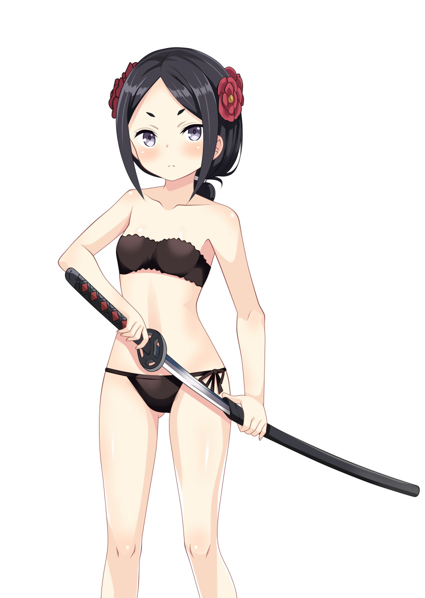 1girl absurdres black_bra black_hair black_panties blue_eyes blush bra breasts closed_mouth collarbone flower hair_flower hair_ornament highres holding holding_sword holding_weapon katana kiniro_tofu looking_at_viewer navel panties princess_principal shiny_skin simple_background small_breasts solo sword toudou_chise underwear weapon white_background