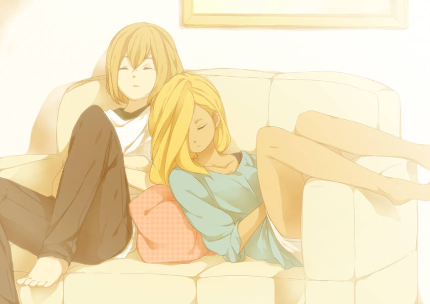 1boy 1girl blonde_hair casual couch einamu closed_eyes hair_over_one_eye hetero inazuma_eleven inazuma_eleven_(series) inazuma_eleven_go inazuma_eleven_go_chrono_stone leaning_on_person long_hair reiza sekina short_hair sleeping very_long_hair