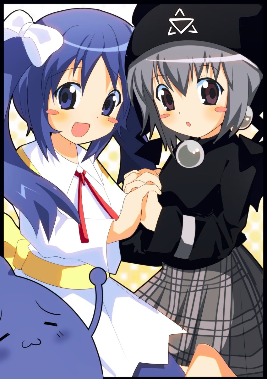 2000s_(style) 2girls :d :o black_border black_hat border bow commentary dress fang grey_hair hair_bow hat highres holding_hands looking_at_viewer mayura multiple_girls onlinepetclub open_mouth orb outside_border purple_eyes purple_hair sakura_(ukagaka) short_hair smile standing twintails ukagaka unyuu white_bow white_dress