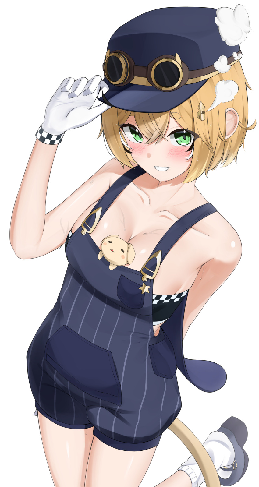 1girl absurdres adjusting_clothes adjusting_headwear animal_between_breasts arm_behind_back bandeau black_bandeau blonde_hair blue_footwear blush bra breasts checkered_gloves cleavage commentary crossed_bangs dooby_(vtuber) double-parted_bangs gloves goggles goggles_on_headwear green_eyes grin hair_between_eyes hair_ornament highres indie_virtual_youtuber large_breasts legs_together looking_at_viewer loose_socks mary_janes mouse_girl mouse_tail nobarts overalls pinstripe_overalls shoes short_hair simple_background smile socks solo steam sweat tail underwear virtual_youtuber white_background white_gloves white_socks