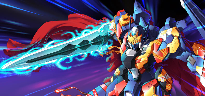 absurdres cape exbein_ashe gio_tengco glowing glowing_sword glowing_weapon highres holding holding_sword holding_weapon mecha no_humans red_cape robot science_fiction solo super_robot_wars super_robot_wars_original_generation sword visor weapon