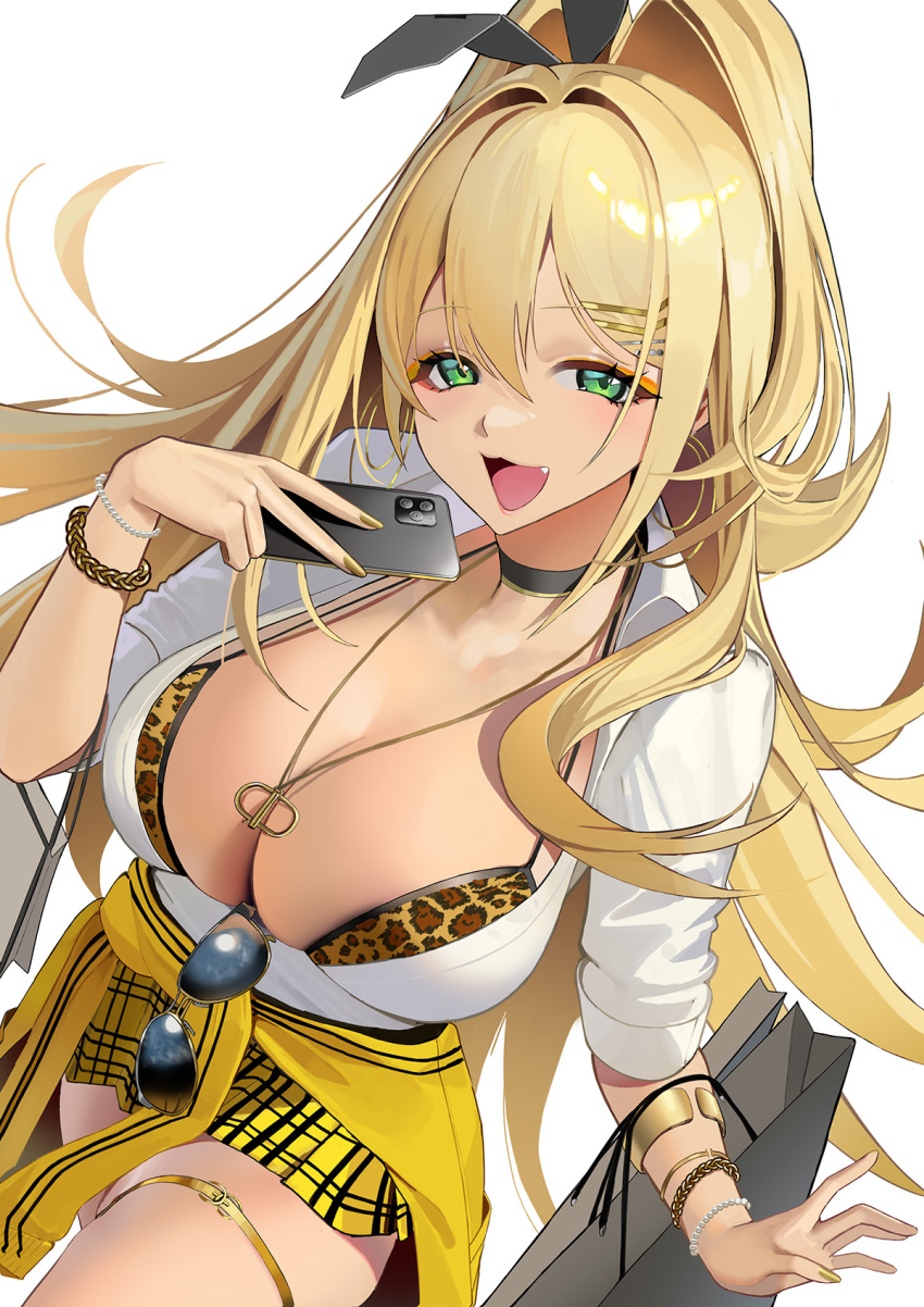 1girl 767_(pixiv973307689) animal_print bikini bikini_under_clothes blonde_hair blush breasts choker cleavage clothes_around_waist goddess_of_victory:_nikke green_eyes hair_intakes hair_ornament hair_ribbon hairclip high_ponytail highres jacket jacket_around_waist jewelry large_breasts leopard_print long_hair long_sleeves looking_at_viewer necklace open_clothes open_mouth ribbon rupee_(nikke) shirt skirt smile solo swimsuit white_shirt yellow_bikini yellow_jacket yellow_skirt