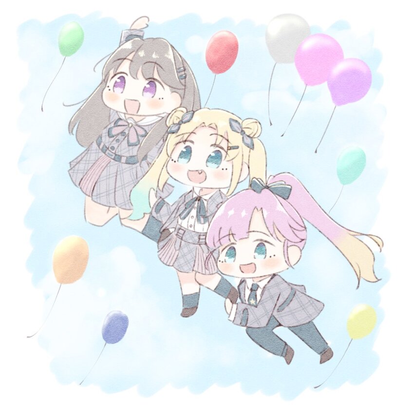 3girls :d amano_tatsu anyoji_hime arm_up balloon black_necktie black_pants black_ribbon black_socks blazer blonde_hair blue_eyes blue_hair blue_sky blunt_bangs blush border bow bowtie brown_footwear brown_hair chibi chibi_only collared_shirt commentary double_bun dress dress_shirt fang fujishima_megumi gradient_hair grey_dress grey_jacket grey_skirt hair_bun hair_ornament hair_ribbon hairclip highres jacket josho_kiryu_(love_live!) light_blue_hair link!_like!_love_live! long_hair long_sleeves love_live! medium_dress medium_skirt midair mira-cra_park! multicolored_clothes multicolored_hair multicolored_skirt multiple_girls neck_ribbon necktie official_alternate_costume official_alternate_hairstyle open_clothes open_jacket open_mouth osawa_rurino pants parted_bangs pink_bow pink_bowtie pink_hair pink_skirt plaid_clothes plaid_jacket plaid_skirt pleated_dress pleated_skirt ponytail purple_eyes ribbon shirt shoes short_necktie skirt sky smile socks swept_bangs twintails very_long_hair virtual_youtuber white_border white_shirt