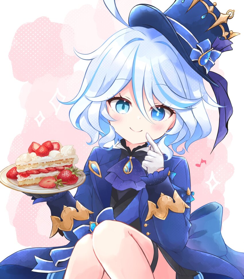 1girl ascot asymmetrical_gloves black_gloves blue_ascot blue_bow blue_eyes blue_gemstone blue_hair blue_hat blue_jacket blue_pupils blue_ribbon blush bow cake cake_slice commentary_request drop-shaped_pupils finger_to_mouth food fruit furina_(genshin_impact) gem genshin_impact gloves hair_between_eyes hat hat_bow hat_ribbon heterochromia highres holding holding_plate hydro_symbol_(genshin_impact) jacket kashiwadokoro light_blue_hair long_sleeves looking_at_viewer medium_hair mismatched_gloves multicolored_hair musical_note ouji_fashion plate ribbon sitting smile solo strawberry streaked_hair symbol-shaped_pupils thigh_strap vision_(genshin_impact) white_gloves white_hair