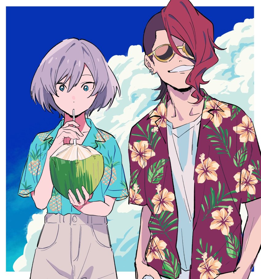 1boy 1girl blue_eyes brown_hair coconut drinking drinking_straw ear_piercing food fruit glasses gridman_universe hair_over_one_eye hawaiian_shirt highres hinakoro_(b_pxxb) male_focus mujina onija piercing red_hair shirt short_sleeves ssss.dynazenon sunglasses