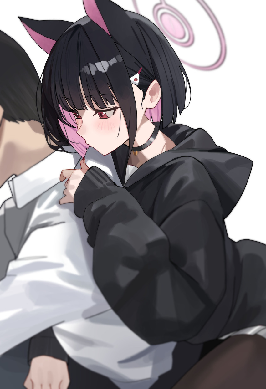 1boy 1girl absurdres animal_ears black_choker black_hair black_jacket black_pantyhose blue_archive cat_ears choker collared_shirt colored_inner_hair extra_ears fingernails halo highres hood hood_down hooded_jacket jacket kazusa_(blue_archive) long_sleeves multicolored_hair pantyhose pink_hair pink_halo red_eyes riel_(rielilu) shirt short_hair simple_background white_background white_shirt