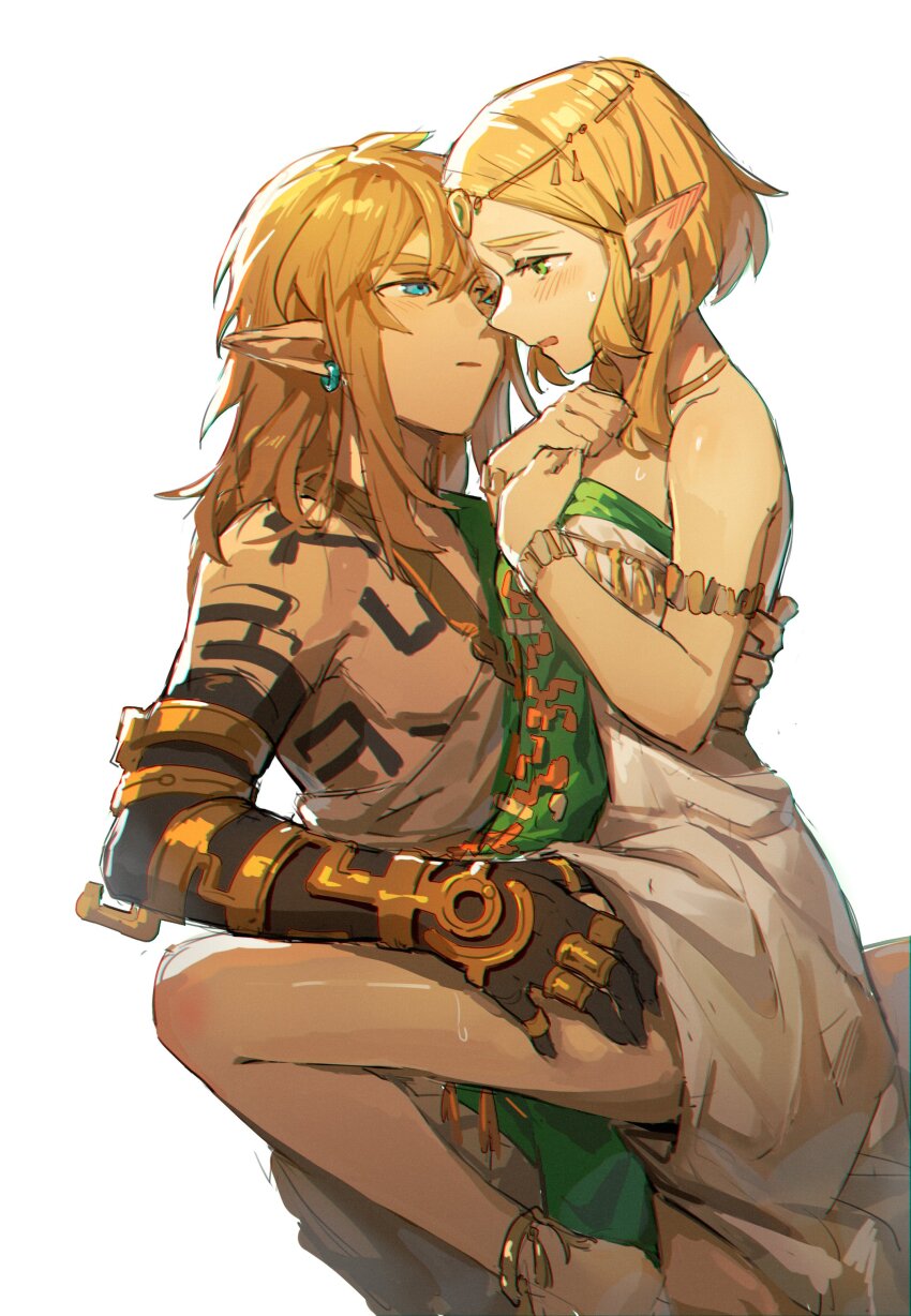 1boy 1girl absurdres ancient_set_(zelda) armlet bare_shoulders blonde_hair blue_eyes bracelet commentary couple dress ear_piercing green_eyes hand_on_another&#039;s_back hand_on_another&#039;s_thigh hashtag-only_commentary hetero highres jewelry link long_hair looking_at_another nintendo off-shoulder_dress off_shoulder piercing pointy_ears princess_zelda short_hair sidelocks simple_background the_legend_of_zelda the_legend_of_zelda:_tears_of_the_kingdom white_background wufaxianshi_cnd