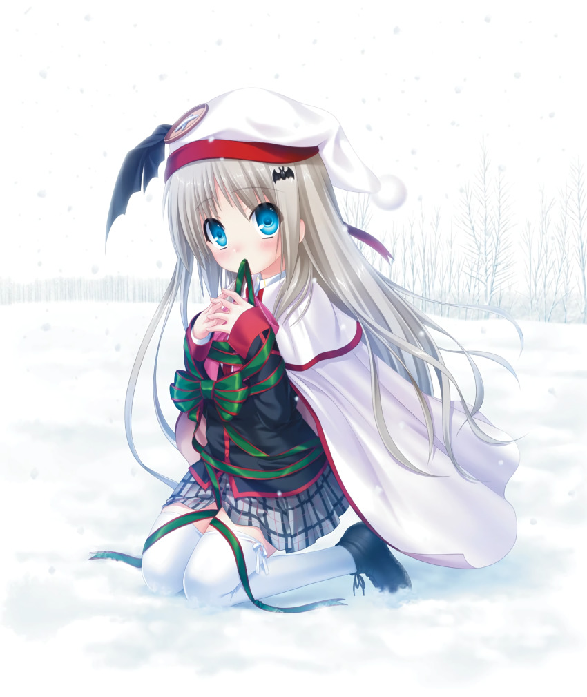 1girl bat_hair_ornament black_footwear black_jacket blue_bow blue_eyes bow cape capelet floating_hair full_body grey_skirt hair_between_eyes hair_ornament hat highres interlocked_fingers jacket kneeling kud_wafter little_busters! long_hair long_sleeves looking_at_viewer miniskirt na-ga noumi_kudryavka official_art outdoors plaid_clothes plaid_skirt pleated_skirt school_uniform silver_hair simple_background skirt snow snowing solo thighhighs very_long_hair white_background white_cape white_capelet white_hat white_thighhighs winter zettai_ryouiki