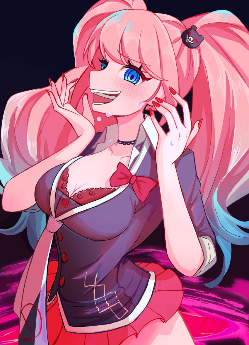 1girl bear_hair_ornament big_hair black_bra black_shirt blonde_hair blue_eyes bow bra breasts choker cleavage collarbone danganronpa:_trigger_happy_havoc danganronpa_(series) enoshima_junko hair_ornament highres large_breasts long_hair looking_at_viewer nail_polish necktie nia_(nya_nanjr) red_bow red_nails saliva shirt shirt_bow skirt sleeves_rolled_up smile solo teeth twintails two-tone_necktie underwear upper_body white_necktie