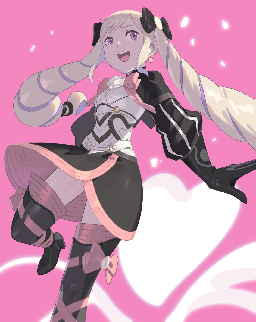 1girl absurdres aristocratic_clothes black_dress blonde_hair boots bow dress drill_hair earrings elise_(fire_emblem) fire_emblem fire_emblem_fates hair_bow highres jewelry kucheat_zg long_hair nintendo open_mouth purple_eyes purple_hair short_dress smile thigh_boots twin_drills twintails