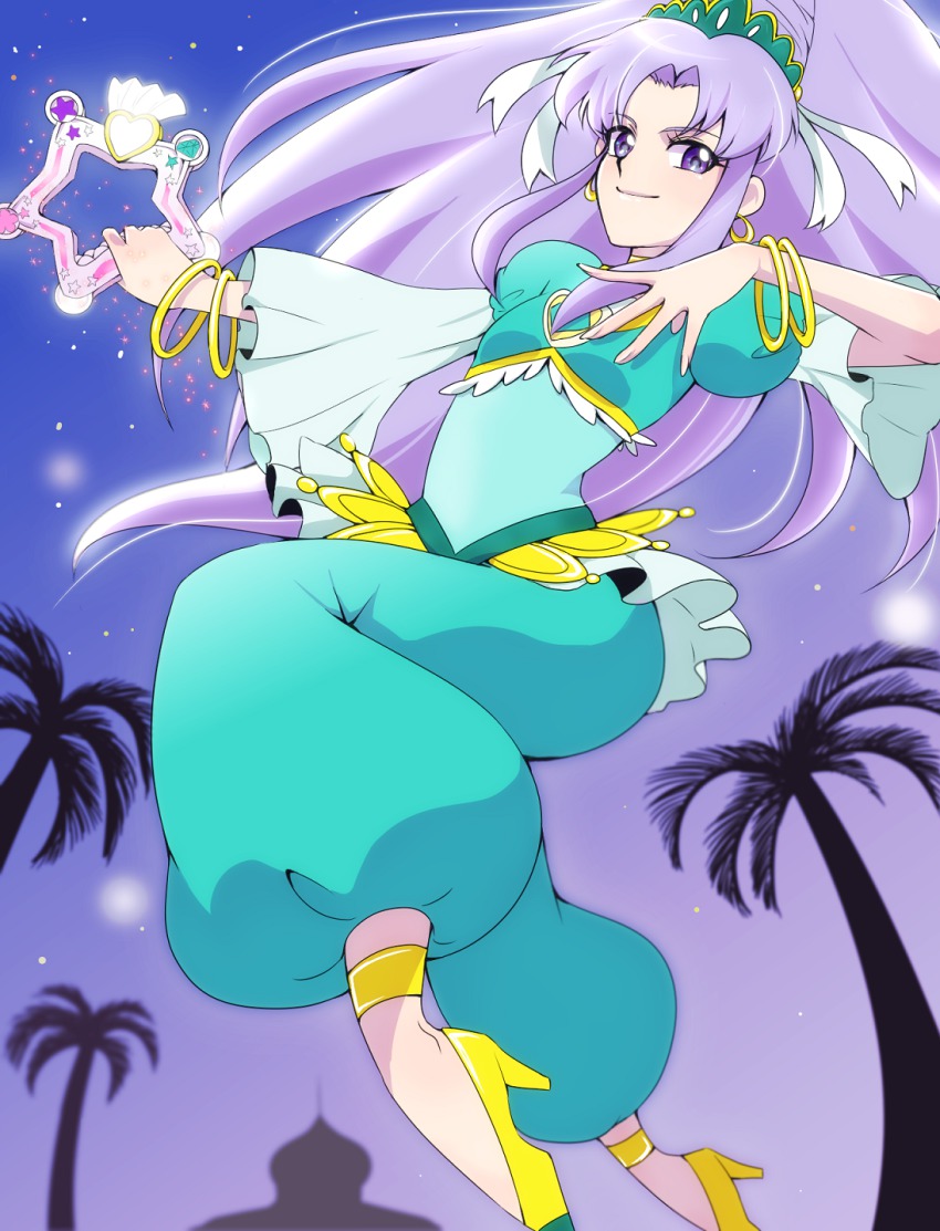 10s 1girl alternate_form arabian_clothes bad_id bad_pixiv_id bracelet brooch cure_fortune cure_fortune_(pine_arabian) earrings female_focus fortune_tambourine full_body happinesscharge_precure! heart heart_brooch high_heels highres hikawa_iona jewelry long_hair lots_of_jewelry magical_girl miyoshi_(miyomiyo_344) pants ponytail precure purple_background purple_eyes purple_hair smile solo wide_ponytail