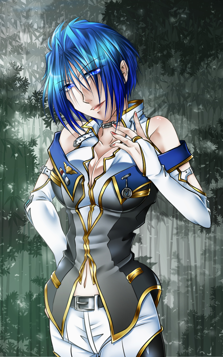 1girl bad_id bad_pixiv_id bare_shoulders belt blue_eyes blue_hair breasts bridal_gauntlets choker cleavage elbow_gloves female_focus gloves hand_on_own_hip highres large_breasts matching_hair/eyes medal navel pants short_hair solo super_robot_wars super_robot_wars_original_generation viletta_badam yuruyuru