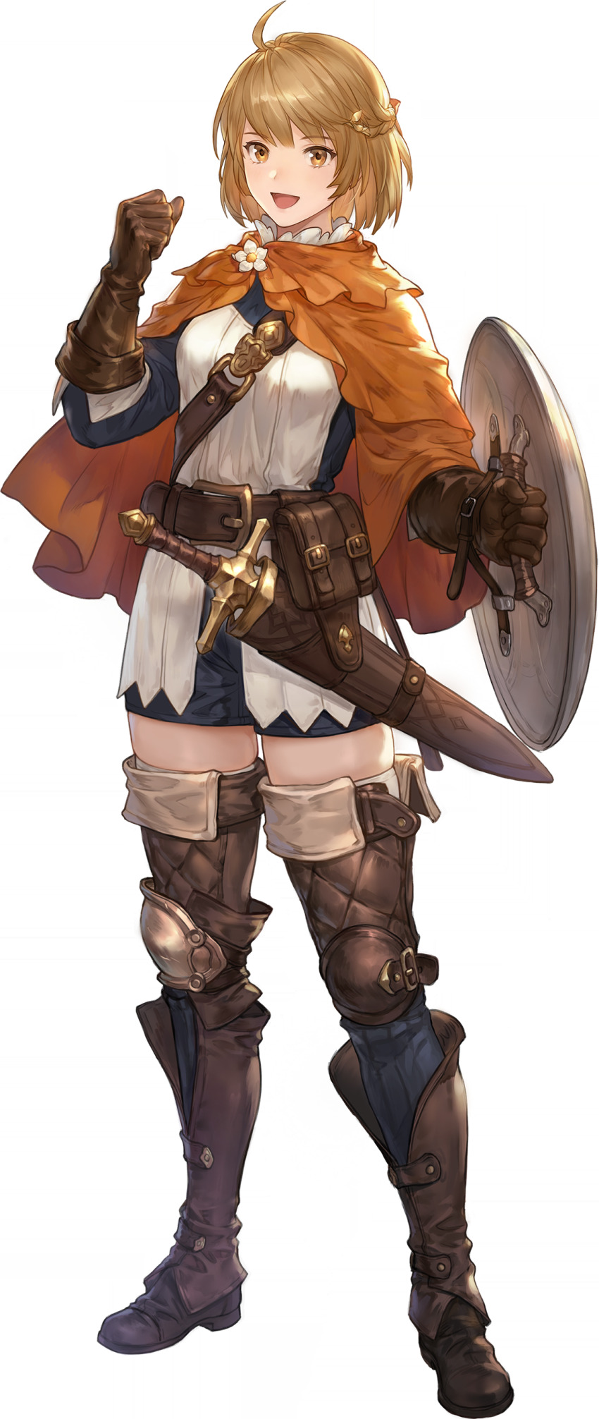 1girl :d absurdres ahoge belt belt_pouch blonde_hair blue_shirt blue_shorts boots brown_belt brown_footwear brown_gloves clenched_hand fold-over_boots full_body gloves half_up_braid hand_up highres holding holding_shield legs_apart long_sleeves looking_at_viewer maitha_(sword_of_convallaria) official_art open_mouth orange_cloak poleyn pouch scabbard sheath sheathed shield shirt short_hair short_shorts shorts shoulder_belt smile solo standing sword sword_of_convallaria tachi-e thigh_boots transparent_background weapon yellow_eyes